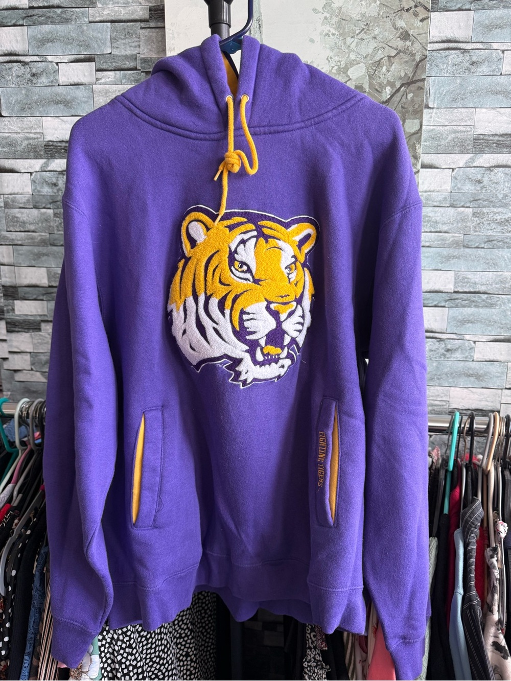 LSU Purple Tiger Appliqué Hooded Sweatshirt with Yellow Accents